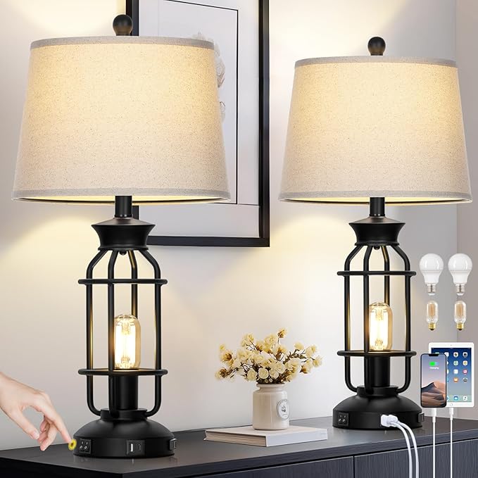 28" Vintage Table Lamps with USB C+A Ports & AC Outlet, Industrial Farmhouse Table Lamp Set of 2, Black Modern Nightstand Beside Lamps with 2 Night Light for Living Room Bedroom(4 LED Bulbs Included)