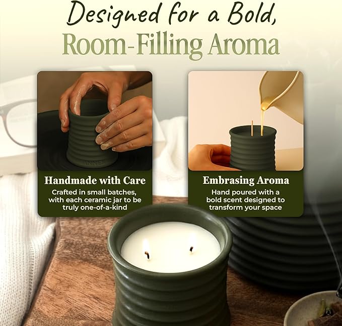 Scented Luxury Candles in Handmade Ceramic Jars, Soy Wax | Woody Wood – Oud & Agarwood, Large Candle | Non Toxic, 2 Wicks, Reusable Big Olive Green Jar | Natural Spring Aromatherapy for Women & Men