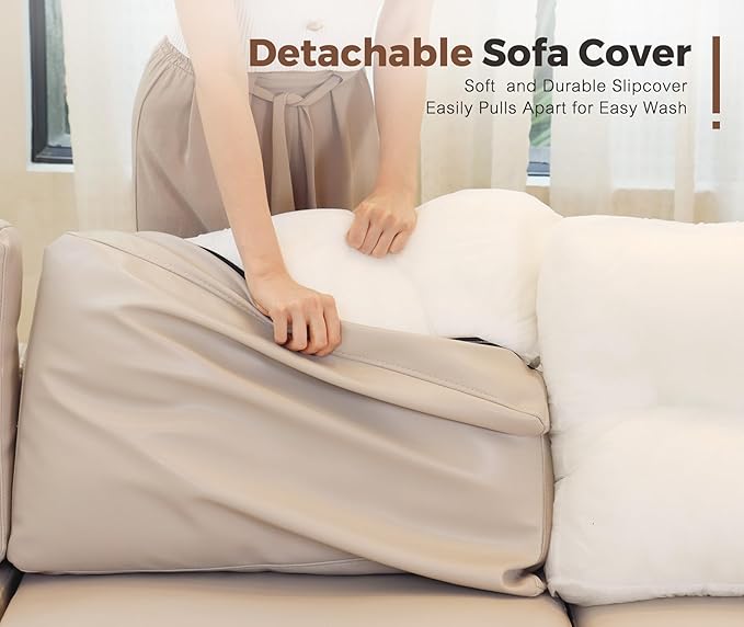118.5" Faux Leather Modular Sectional Sofa, L Shaped Couch Set for Living Room, 6-Seater Comfy Cloud Couches with Movable Storage Ottoman Whitesand