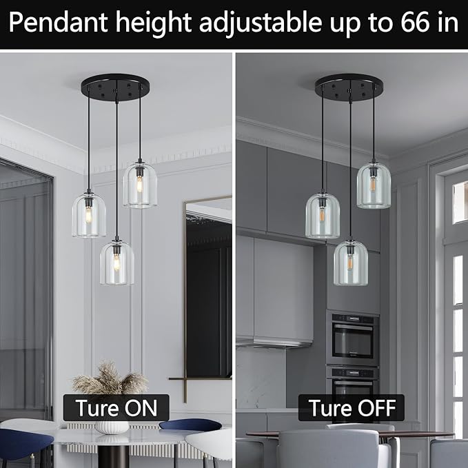 Modern Black Pendant Lights Kitchen Island Ceiling Chandelier Indoor Crystal Hanging Light Fixtures for Dining Room Kitchen Living Room Bedroom（3Light）