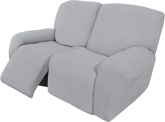 Easy-Going 6 Pieces Recliner Loveseat Stretch Sofa Slipcover Sofa Cover Furniture Protector Couch Soft with Elastic Bottom Kids, Spandex Jacquard Fabric Small Checks Silver Gray