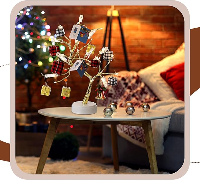 Mudder Money Holder Tree Present Card Holder with 12 Clear Clips LED Birch Twig Lights Tabletop Display Tree for Christmas, Valentines, Memo, Photo, Wedding(Cute Style,Gold, Warm White)