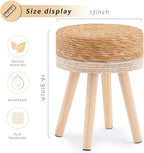 Handwoven Outdoor Ottoman, Water Hyacinth Pouf Round Patio Footstool with Wood Legs, 17-Inch Multipurpose Vanity Stool, Dining Chair, Patio Footrest for Balcony and Garden, White