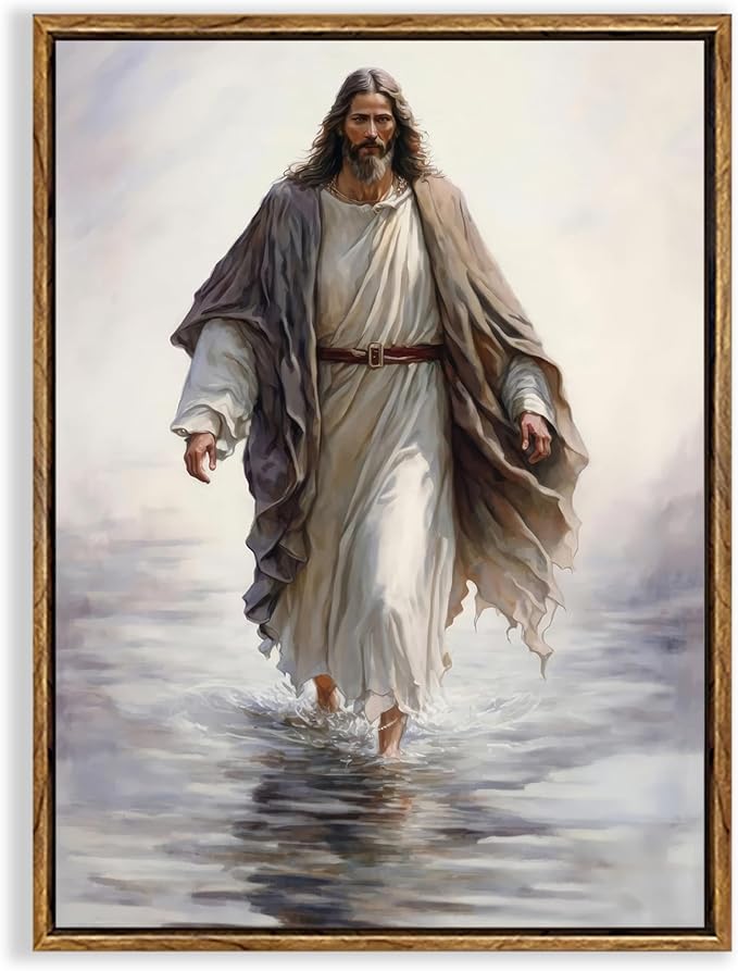 Fantasy Artists Framed Jesus Christ Wall Art Jesus Walking On Water Canvas Wall Decor Christian Painting Prints Biblical Religious Room Decor for Church Prayer Room Christian School Hospital 16" x 24"