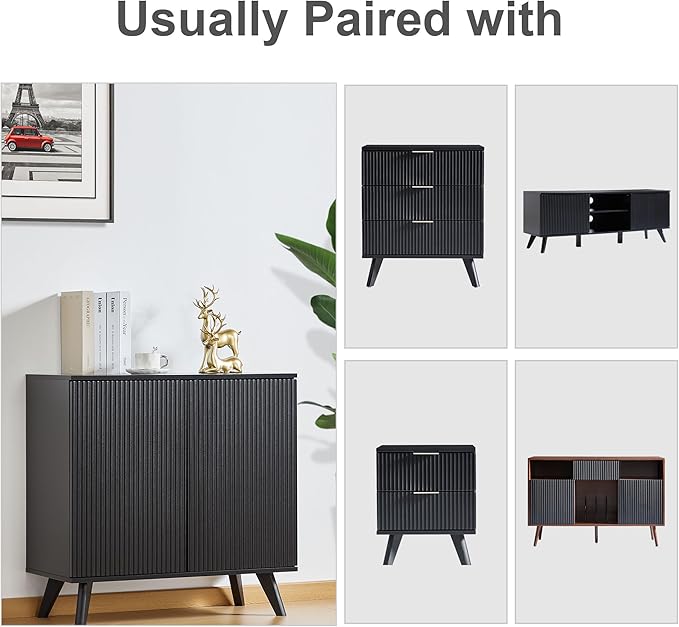 Modern Sideboard Buffet Cabinet Console Table, Accent Storage Cabinets Credenza Buffer Cabinet with 4 Fluted Doors for Kitchen Dining Living Room Entryway(Black)