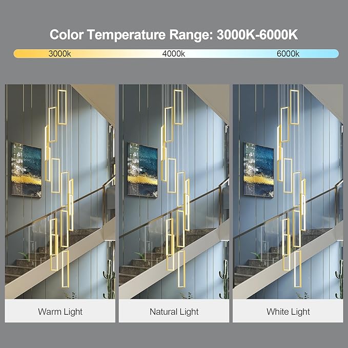 Modern Adjustable Height Pendant Light Fixture Gold 252W LED Pendant Lights 12 Rings Rectangular Chandelier Staircase Large Chandelier Lobby Living Room Foyer High Ceiling Chandeliers