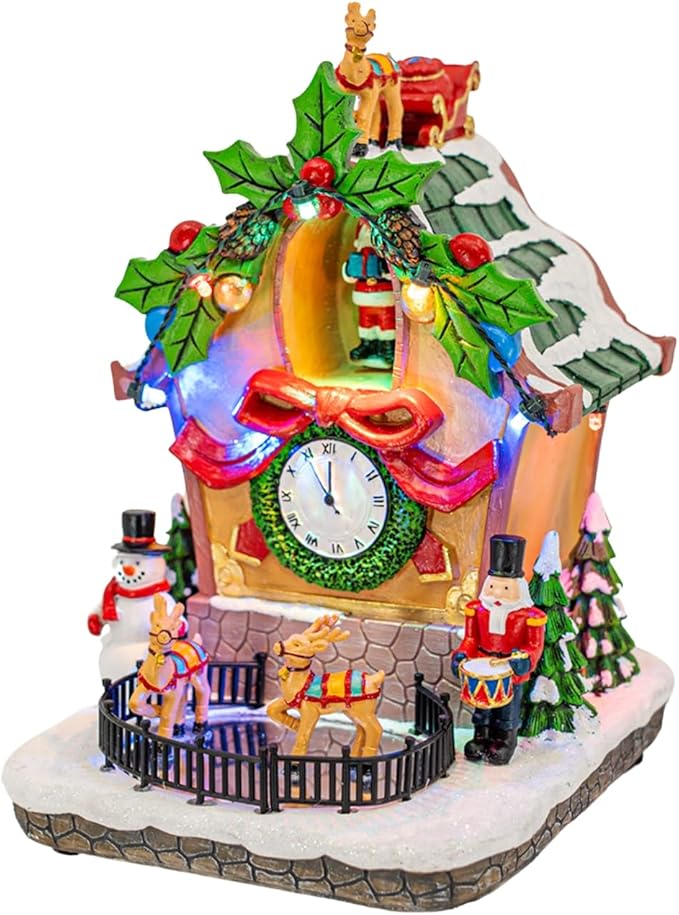 Holiday Cuckoo Clock Santa Reindeer LED Lighted Animated Christmas Village with Sound and Motion 6" x 6" x 8"