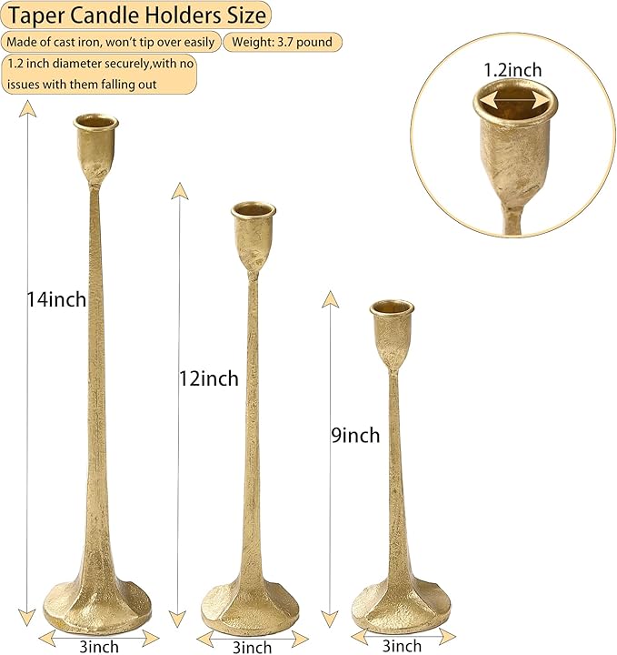 Gold Taper Candle Holders Set of 3, Heavy Candlestick Holders Decorative Candle Stand for Table Centerpiece, Cast Iron Candle Stick Holder Decor