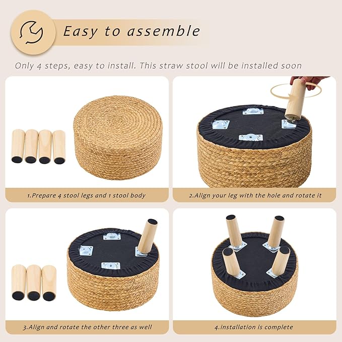 Handwoven Round Ottoman, Natural Water Hyacinth Outdoor Patio Pouf Seagrass Low Stool with Wood Legs, Soft Padded Footrest for Living Room Bedroom Garden, Green