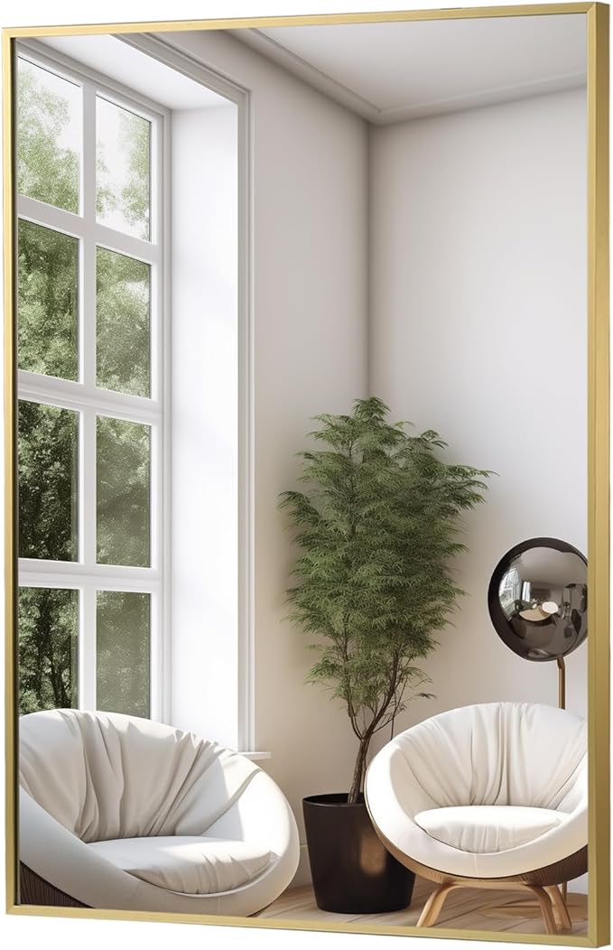 FARMER 20x28 Inch Gold Bathroom Mirror, Rectangle Wall Mounted Mirror, Vanity Mirror, Brushed Square Mirror, Framed Bathroom Mirror for Bedrooms, Entryways, Living Rooms, Horizontal/Vertical
