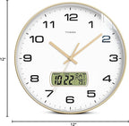 Wall Clock, 12" Dial Non-Ticking Silent Battery Operated Analog with LCD Display for Perpetual Calendar and F° Temperature, Ideal Modern Home, Bedroom, Kitchen, Office Decor (Gold)