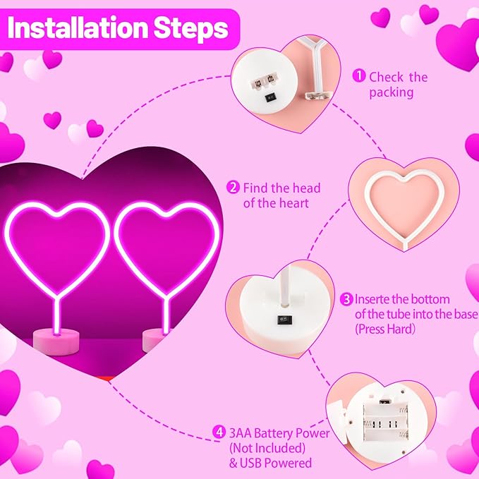 BRIGHTDECK 2 Pack Heart Neon Signs, LED Lights Battery Operated or USB Powered Decoration Lamp, Neon Lights Decor for Valentine's Day Gifts, Wedding, Party, Pink Room Decor (Pink Heart)