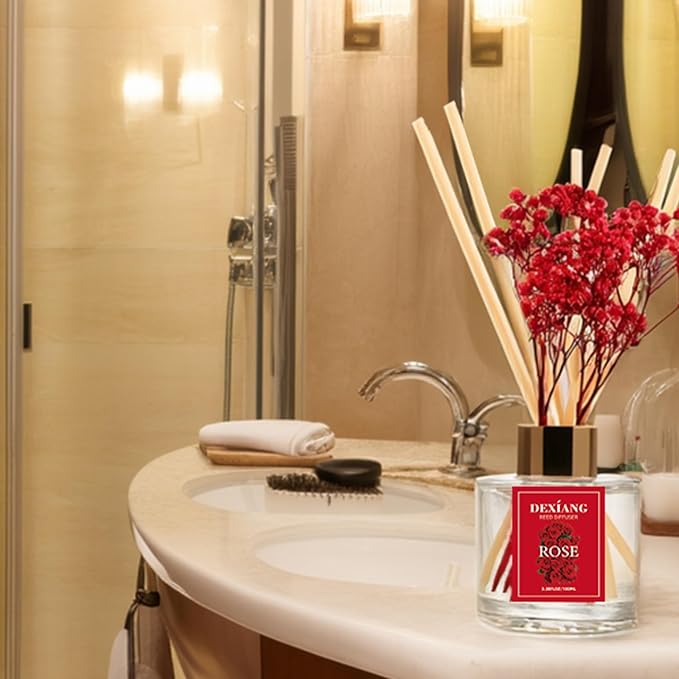 Reed Diffuser Set - 3.38 fl oz （100ml） Rose Home Fragrance Reed Diffuser for Bathroom Shelf Decor 6 Reed Stick