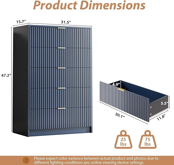 5 Drawer Dresser for Bedroom, Tall Dresser Chest of Drawers with Gold Handles, 32 Inch Wide Nightstand with for Bedroom, Living Rooms, Offices, and Entryways, Navy Blue