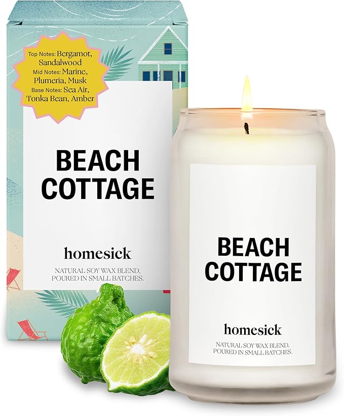 Homesick Scented Candles for Home (Beach Cottage) - Long-Lasting Natural Soy Wax Blend Jar Candle Gifts for Women & Men, 60-80 Hours Burn Time - Notes of Bergamot & Sandalwood