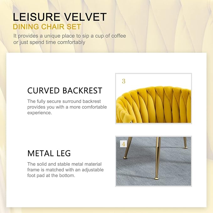 Nrizc Woven Dining Chairs Set of 4, Velvet Upholstered Dining Chairs with Gold Metal Legs, Modern Accent Chairs for Living Room, Dining Room, Kitchen (Yellow)
