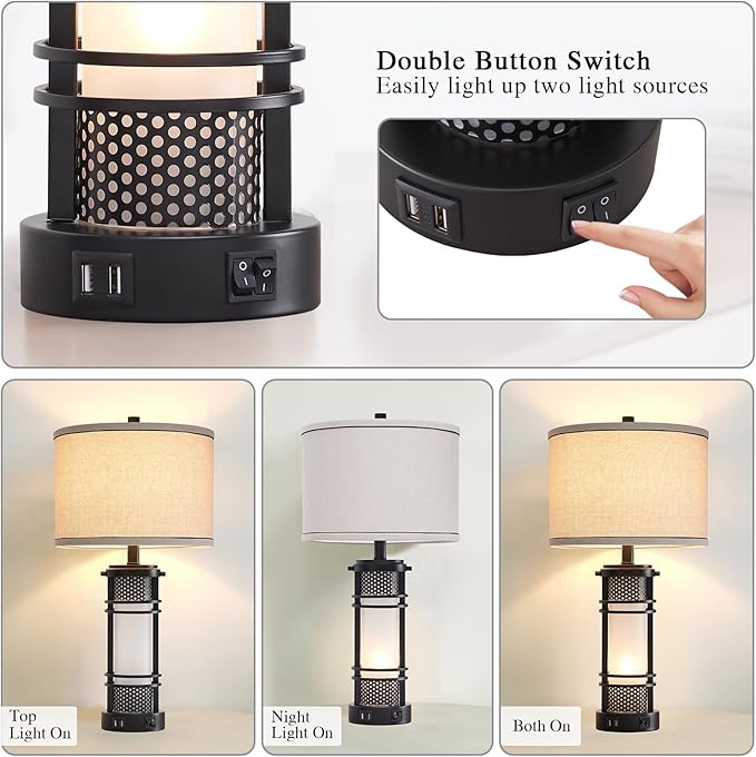 Set of 2 Modern Table Lamps for Living Room, Contemporary Nightstand Lamp with Dual USB Port, Bedside Lamps with White Frosted Glass Night Light for Bedroom, 4 Bulbs Included (Black)