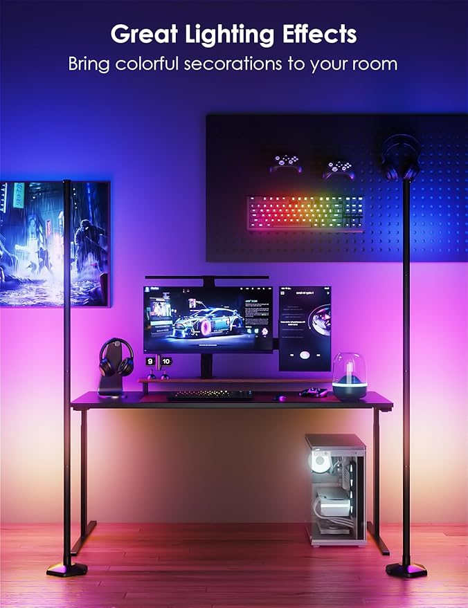 RGB Corner Floor Lamp, 65" Color Changing LED Floor Lamp Music Sync Light Bar Bluetooth APP Remote Control 16 Million DIY Colors, Light Timing, Mood Ambient Lighting