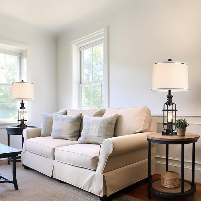 26.3”Table Lamps Set of 2 with USB Charging Ports,Farmhouse Bedside Nightstand Lamp with Rotary Switch,Rustic Reading Lamps Industrial Desk Lamps for Bedroom Living Room,Bulbs Included