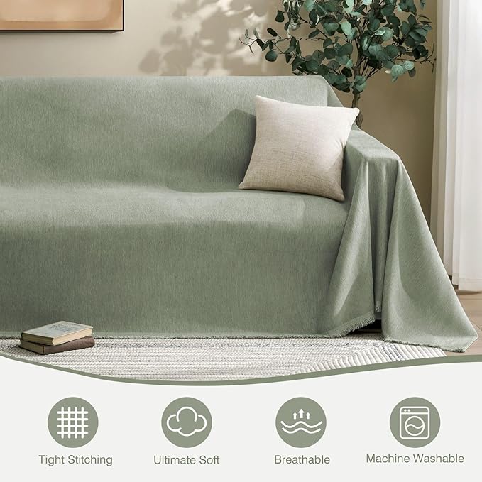 Couch Cover for Dogs Sectional Sofa Covers Washable for 3 Cushion Couch, Chenille Couch Cover Blanket, Sectional Sofa Slipcovers, Multi-Use Furniture Protector for Kids, Pets, 71" X150", Sagegreen