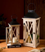 TIMRIS Large Wooden Candle Lanterns Decorative Set of 2, Rustic Farmhouse Whitewash Floor Lanterns, Indoor/Outdoor Hanging Lanterns for Home Decor (No Glass)