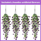 Artificial Hanging Flowers – 4 Pack UV Resistant Fake Morning Glory Vine Faux Plants for Porch, Patio, Balcony, Garden, Indoor & Outdoor Decor (Purple)
