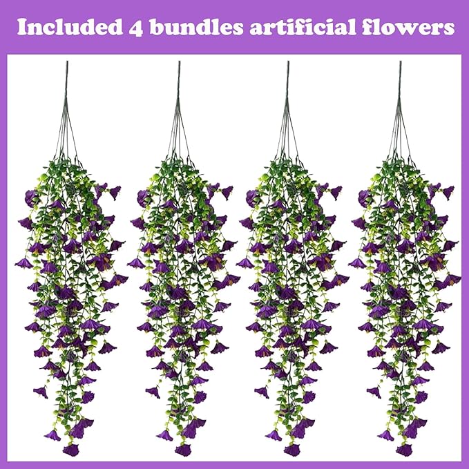 Artificial Hanging Flowers – 4 Pack UV Resistant Fake Morning Glory Vine Faux Plants for Porch, Patio, Balcony, Garden, Indoor & Outdoor Decor (Purple)