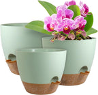 10/9/8 inch Self Watering Pots, Planter, Plant Pots with Mesh Drainage Holes for Indoor Outdoor Garden Plants, Plastic Flower Pots with Deep Reservoir for House Plants, Green with Brown