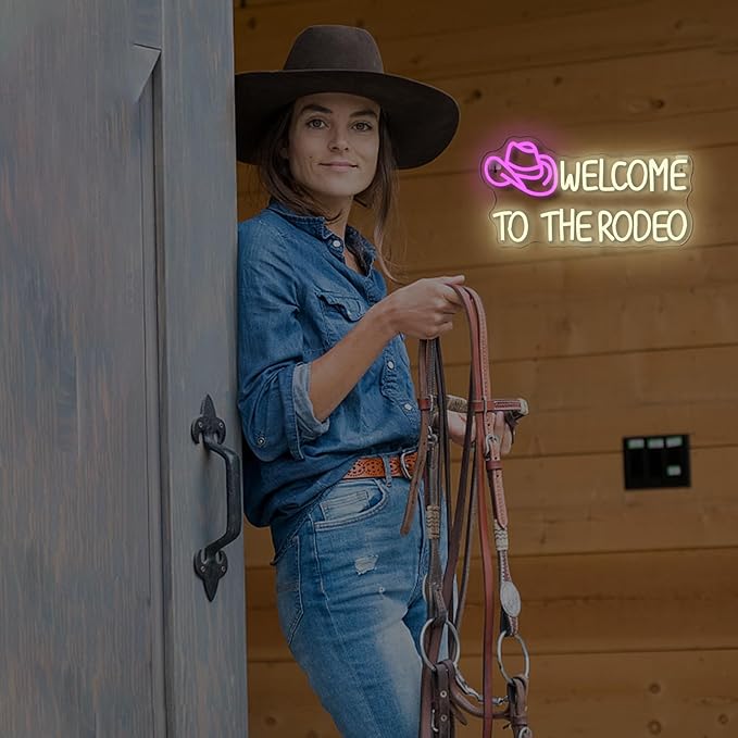 WLHOPE Welcome To The Rodeo Neon Sign Cowboy Hat Led Lights Dimmable Light Signs for Wall Decor 16.5 x 8.6 inches USB Powered Licked Light Signs for Bar Home Club Party Western Bedroom Decoration
