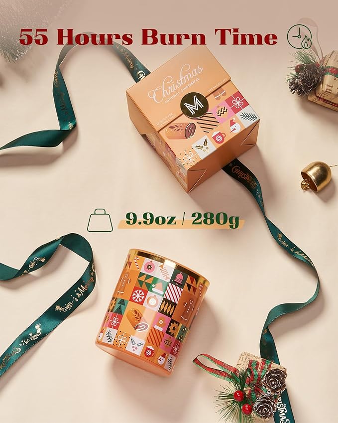 M&SENSE Authentic Gingerbread Christmas Candle, 9.9oz 55 Hours Long Lasting Burn Caramel Cinnamon Scented Natural Soy Wax Candle for Home Decor, Autumn Scent Christmas Gift for Family Friends