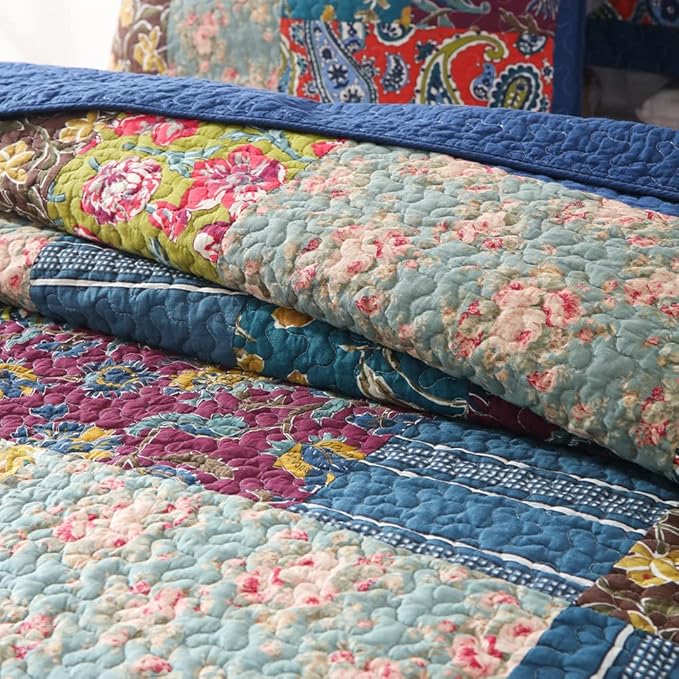 Cotton Bedspread Quilt Sets Reversible Bedding Coverlet Sets 3 Pieces Patchwork Blue Vintage Floral Paisley Bedspread, Queen Size