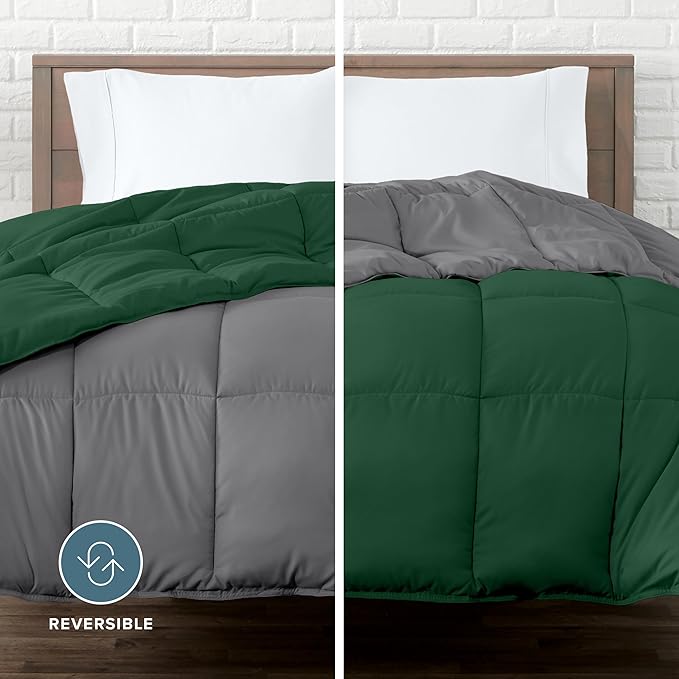 Bare Home Queen Comforter - Reversible Colors - Goose Down Alternative - Ultra-Soft - Premium 1800 Series - All Season Warmth - Bedding Comforter (Queen, Grey/Forest Green)