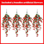 Artificial Hanging Flowers – 4 Pack UV Resistant Fake Morning Glory Vine Faux Plants for Porch, Patio, Balcony, Garden, Indoor & Outdoor Decor (Red)