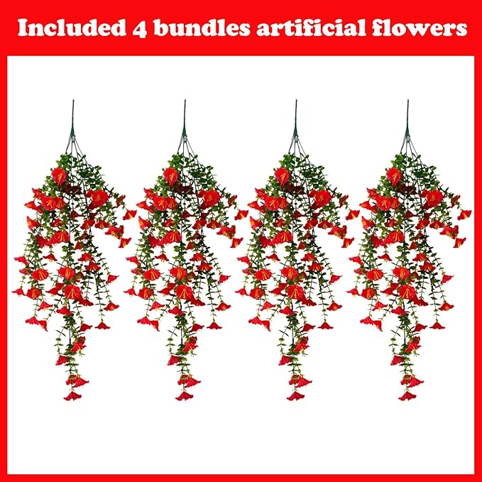 Artificial Hanging Flowers – 4 Pack UV Resistant Fake Morning Glory Vine Faux Plants for Porch, Patio, Balcony, Garden, Indoor & Outdoor Decor (Red)