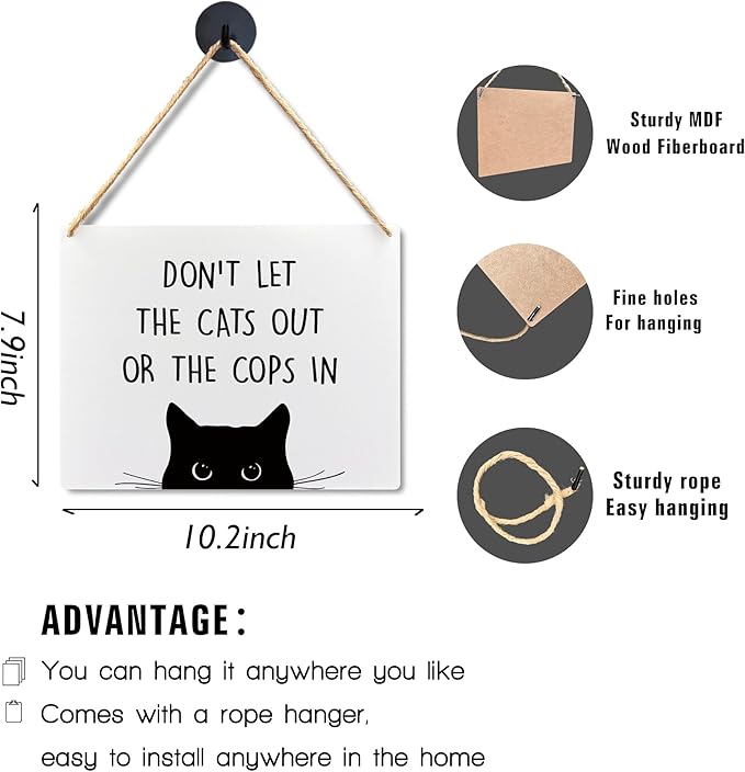 Wall Pediments Cat Welcome Sign,Don't Let the Cats Out or the Cops in Sign,Cat Hanging Welcome Sign for Front Door,Cat Decor,Cat Gifts,Cat Gifts for Cat Owners,10x8 Inches