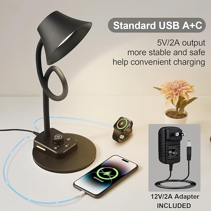 BOHON LED Desk Lamp for Home Office, Fully Dimmable Bedside Lamps with USB A and C Charging Port, 5 Colors Reading Lamp with Night Light, Auto Timer, Table Lamp for College Dorm Room