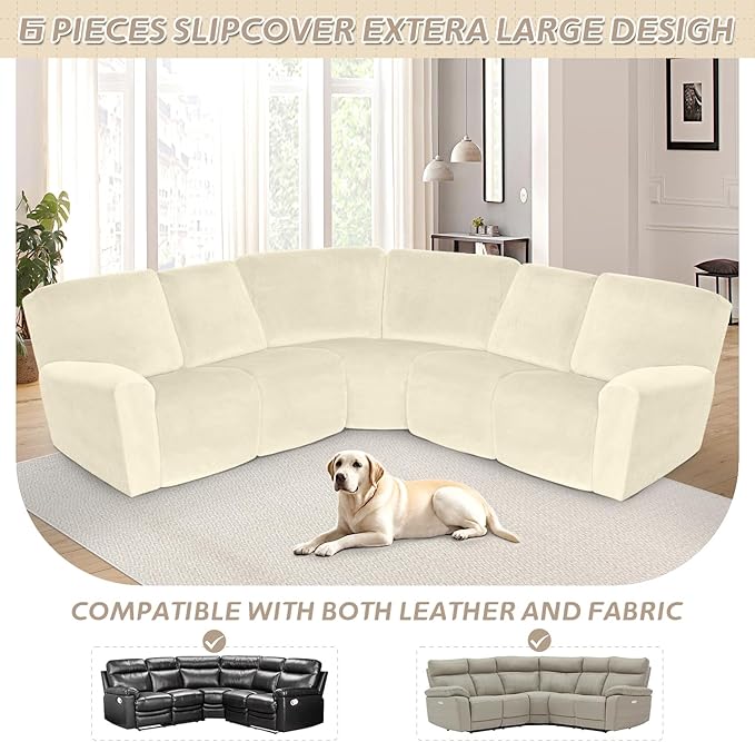 Arfntevss Sectional Recliner Couch Covers Velvet Corner Sectional Sofa Cover for Reclining Couch Stretch Soft L Shape Recliner Slipcover Thick U Shaped Washable Protector (5 Seat Cover, Beige)