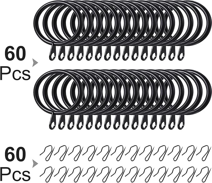 Hotop 60 Pieces 1.65 Inch Metal Drapery Curtain Rings Curtain Hanging Rings and 60 Pieces Metal Drapery Pin Hooks for Drapes Window Door Shower (Black)