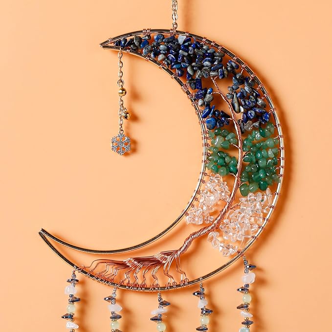 Agate Gemstone Dream Catcher 7 Chakra Tree of Life Dream Catcher with Rainbow Crystal Stones Handmade Dreamcatcher Wall Decor for Adults Boys Girls,Bedroom,Wedding,Garden,Bless Gift(Blue&Green Moon)