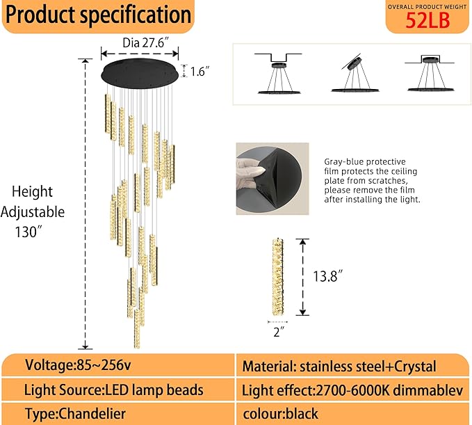 Large Spiral Stair Chandelier High Ceiling Modern LED Dimmable Crystal Chandelier Lighting for Foyer Villa Hallway 25-Light Black