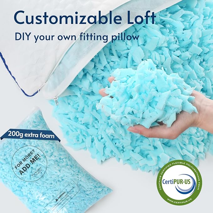 viewstar Queen Pillow Shredded Memory Foam Pillow, Adjustable Single Firm Pillow for Side Back Stomach Sleepers, Gel Bed Pillow for Sleeping with Washable Removable Cover 19"x 28"