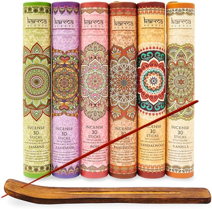 Premium Incense Sticks, Lavender, Sandalwood, Jasmine, Patchouli, Nag Champa, Vanilla, Variety Gift Pack 180 Sticks, Includes a Holder in Each Box