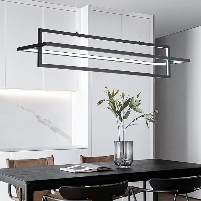 Modern LED Linear Rectangle Chandelier Dimmable 35.4” Kitchen Island Lighting, Contemporary Hanging Linear Led Pendant Chandelier Light Fixture for Dining Room Hallway Bar Black