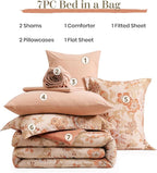 Queen Comforter Set -7 Pieces Terrecotta Floral Comforter Set for All Seasons, Bed in a Bag Queen with Botanical Flowers Comforter, Sheets, Pillowcases & Shams