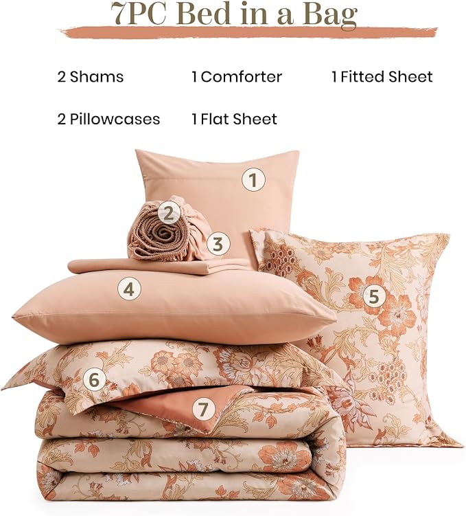 Queen Comforter Set -7 Pieces Terrecotta Floral Comforter Set for All Seasons, Bed in a Bag Queen with Botanical Flowers Comforter, Sheets, Pillowcases & Shams
