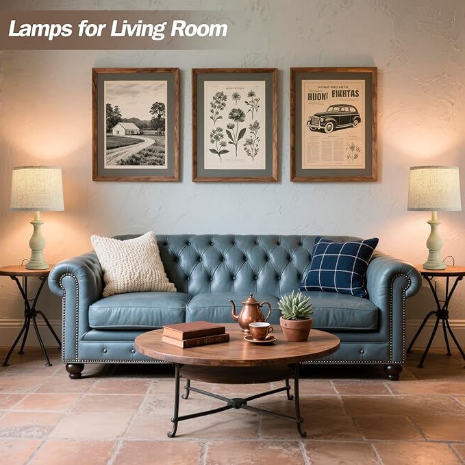 Vintage Table Lamp for Living Room Bedroom, 18.5" Farmhouse Bedside Lamps Nightstand Lamp Set of 2, Table Lamps with Oatmeal Linen Lamp Shades, 2 LED Bulbs Included, Beige