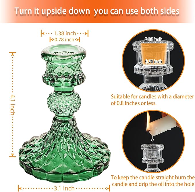 Glass Candlestick Holder,Striped Taper Candle Holders,Set of 6 Candle Stand for Table Centerpieces, Home Decor,Weddings,Festival and Parties (Green Dimond Pattern)