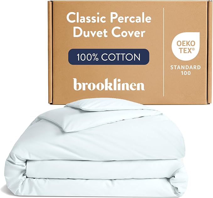 Brooklinen Luxury Percale Duvet Cover – 100% Cotton, Cool, Crisp, Extra-Long Corner Ties, Button Closure, Soft & Breathable – Machine Washable, Duvet Cover King/California King Bed Sizes (Sky)
