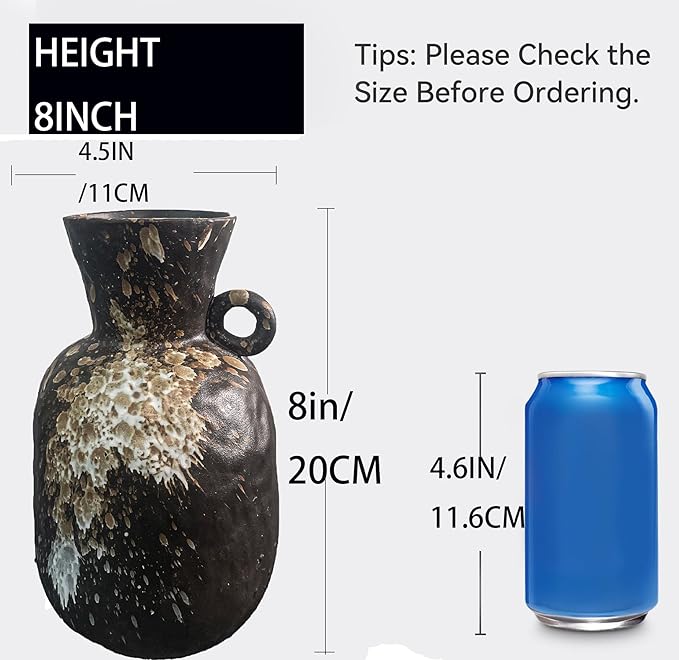 Rustic Pottery Ceramic Vase - Vintage Farmhouse Style Decor, White Grid Ceramic Vases for Home Decor, Modern Farmhouse Decor (Black white)