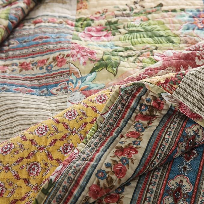 Cotton Bedspread Quilt Sets Reversible Bedding Coverlet Sets 3 Pieces Gorgeous Rustic Vintage Floral Red Yellow Patchwork Bedspread, Queen Size